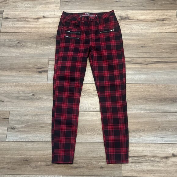 Hot Topic Denim High Rise Super Skinny Pants SZ 9 Black Red Plaid - Picture 1 of 13